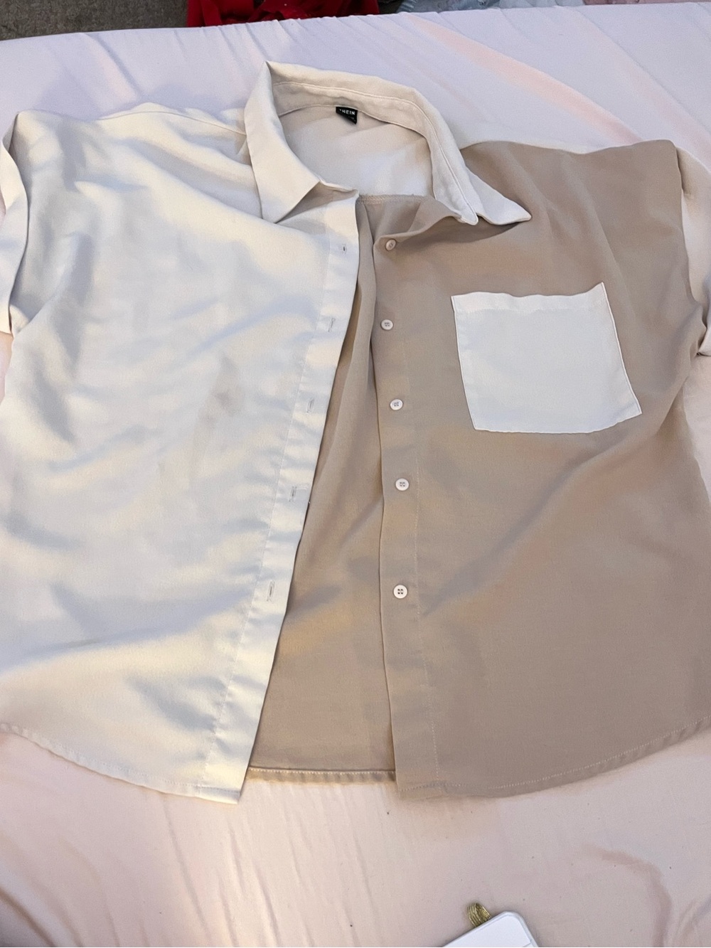 SHEIN Two-Tone Beige and White Button-Down Shirt